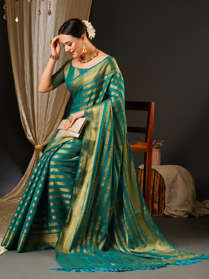 Women's Georgette Blue Woven Design Celebrity Saree With Blouse Piece