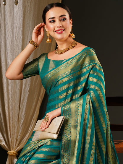 Women's Georgette Blue Woven Design Celebrity Saree With Blouse Piece