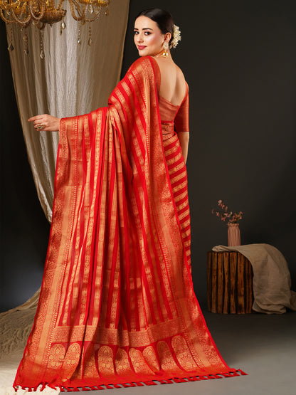 Women's Georgette Red Woven Design Celebrity Saree With Blouse Piece