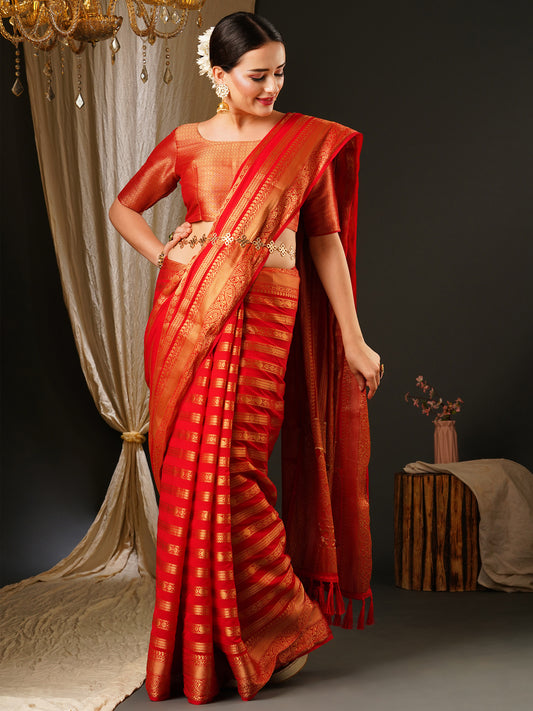 Women's Georgette Red Woven Design Celebrity Saree With Blouse Piece