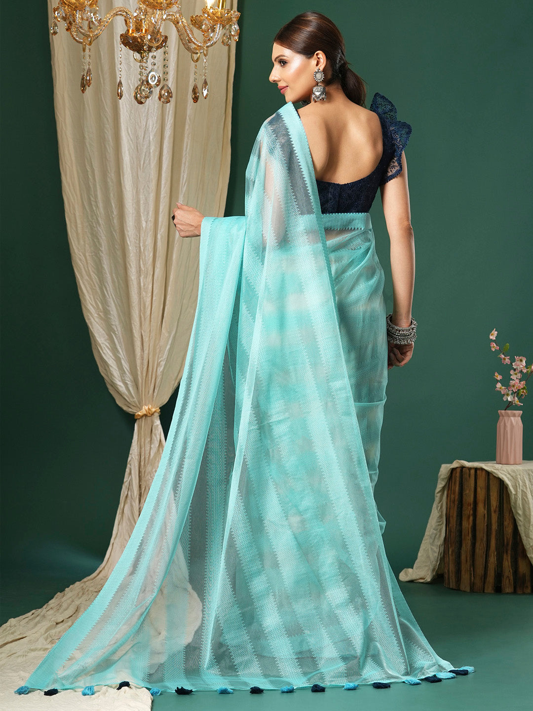 Women's Net Navy Blue Woven Design Designer Saree With Blouse Piece