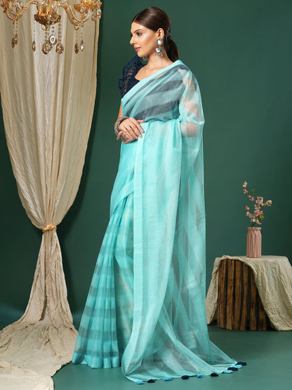 Women's Net Navy Blue Woven Design Designer Saree With Blouse Piece