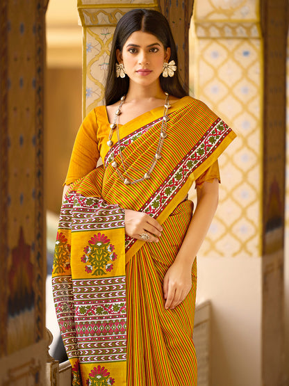 Women's Bhagalpuri Silk Mustard Printed Designer Saree With Blouse Piece