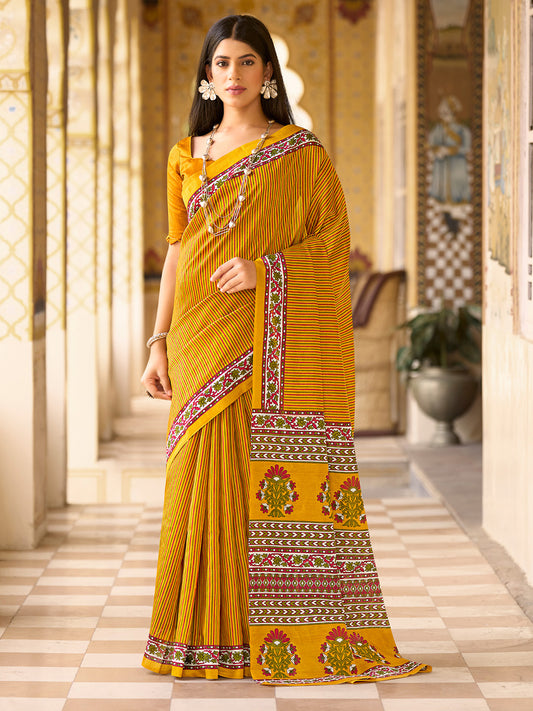 Women's Bhagalpuri Silk Mustard Printed Designer Saree With Blouse Piece