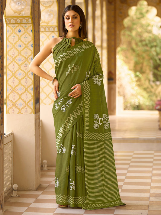 Women's Bhagalpuri Silk Olive Printed Designer Saree With Blouse Piece