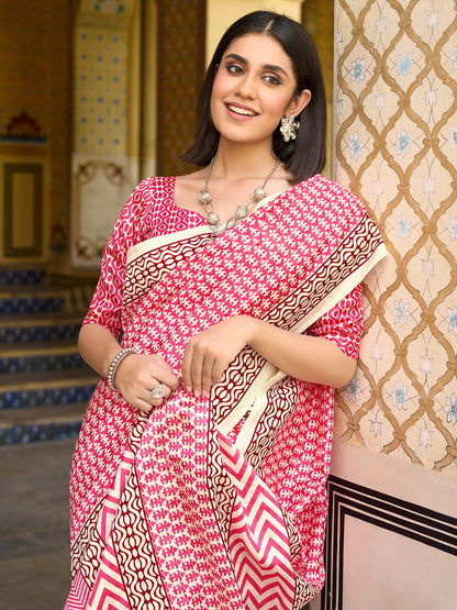 Women's Bhagalpuri Silk Pink Printed Designer Saree With Blouse Piece