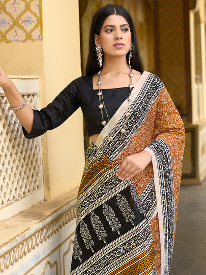Women's Bhagalpuri Silk Mustard Printed Designer Saree With Blouse Piece