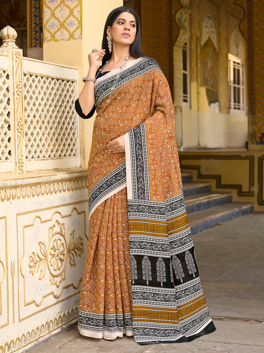 Women's Bhagalpuri Silk Mustard Printed Designer Saree With Blouse Piece