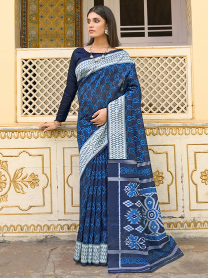 Women's Bhagalpuri Silk Navy Blue Printed Designer Saree With Blouse Piece
