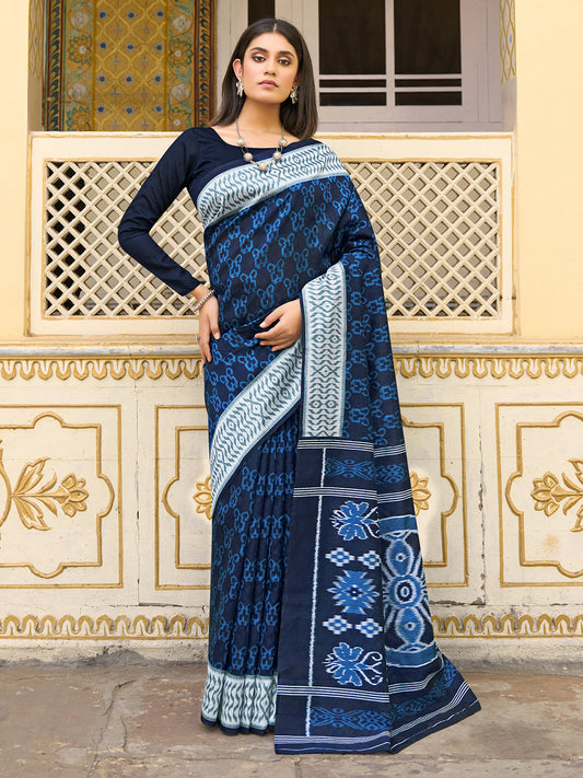 Women's Bhagalpuri Silk Navy Blue Printed Designer Saree With Blouse Piece
