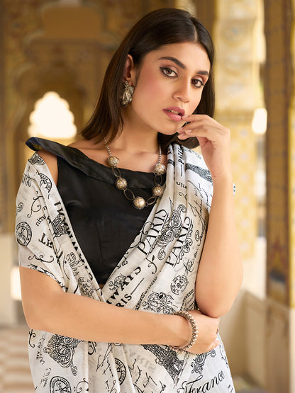 Women's Bhagalpuri Silk White Printed Designer Saree With Blouse Piece