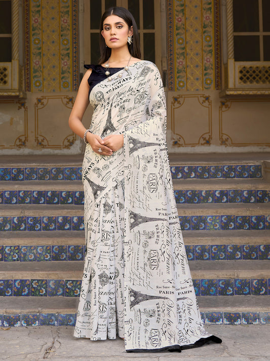 Women's Bhagalpuri Silk White Printed Designer Saree With Blouse Piece