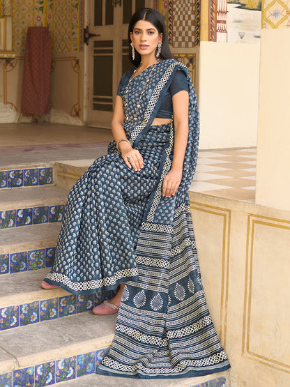 Women's Bhagalpuri Silk Grey Printed Designer Saree With Blouse Piece