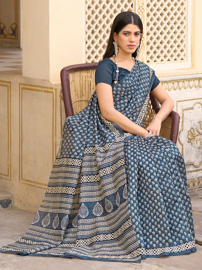 Women's Bhagalpuri Silk Grey Printed Designer Saree With Blouse Piece