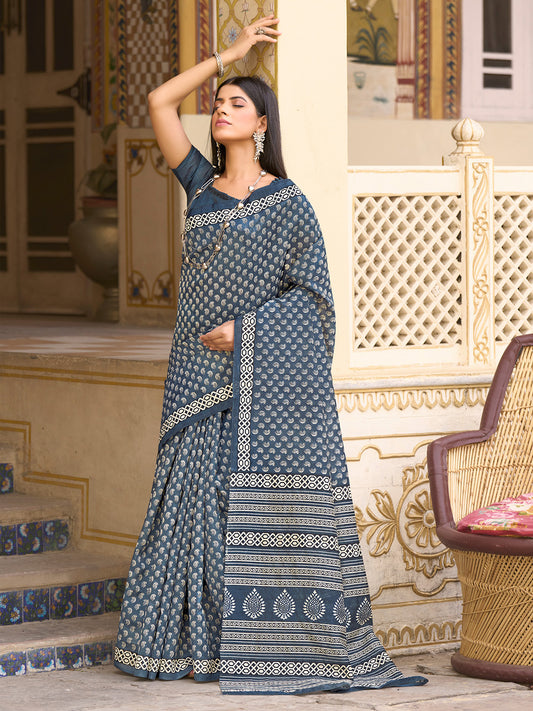 Women's Bhagalpuri Silk Grey Printed Designer Saree With Blouse Piece