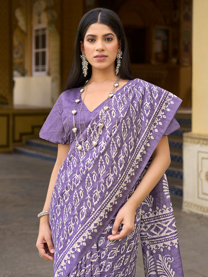 Women's Bhagalpuri Silk Lavendar Printed Designer Saree With Blouse Piece