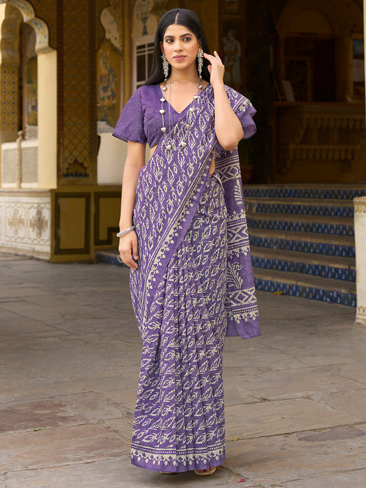 Women's Bhagalpuri Silk Lavendar Printed Designer Saree With Blouse Piece
