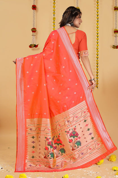 Dhiyona GR Women's Mastani Peachy Pink Zari Paithani Silk Saree