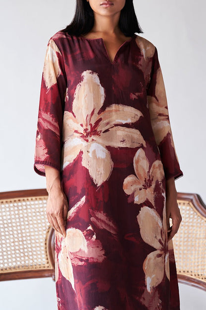 Women's Maroon and Beige Bemberg Silk Printed Co-ord Set