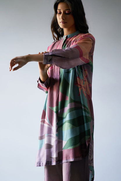 Women's Dusty Lilac and Rose Pink Mix Colored Bemberg Silk Printed Co-ord Set