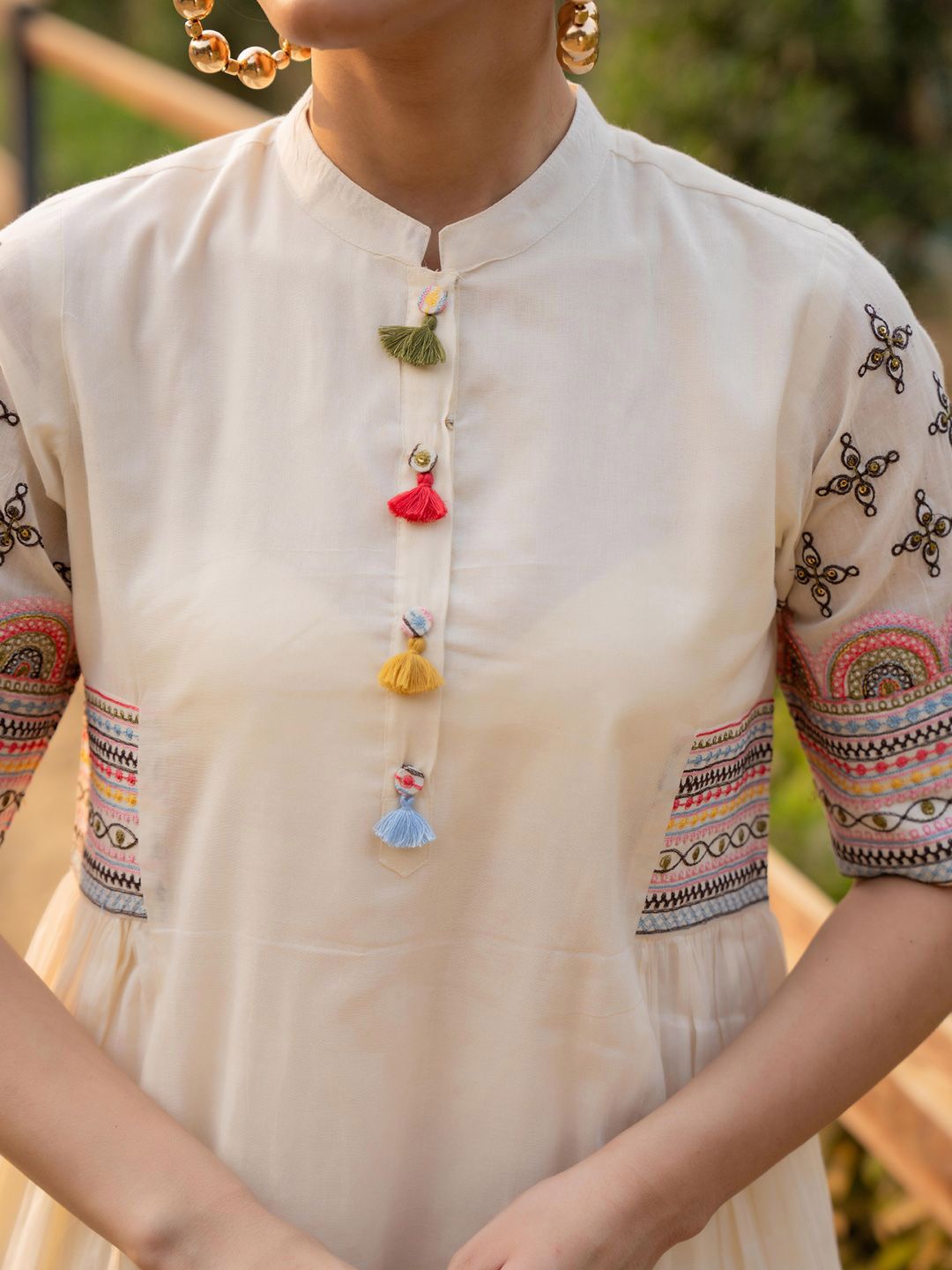 Dhiyona IE Ethnic Motifs Yoke Design Mandarin Collar Pure Cotton A-Line Kurta With Trousers