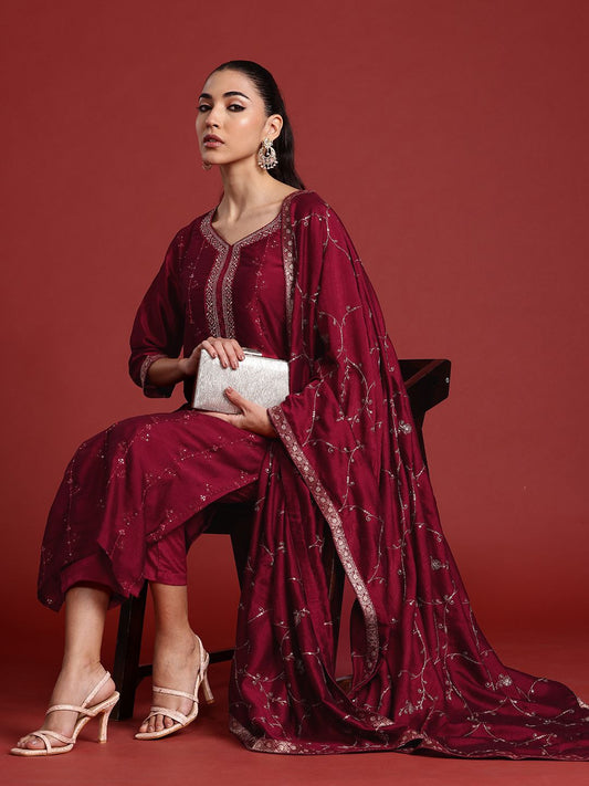 Dhiyona IE Floral Embroidered Zari Kurta With Trousers & Dupatta