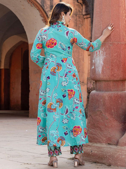 Women Floral Printed Beads and Stones Pure Cotton Kurta with Trousers & Dupatta