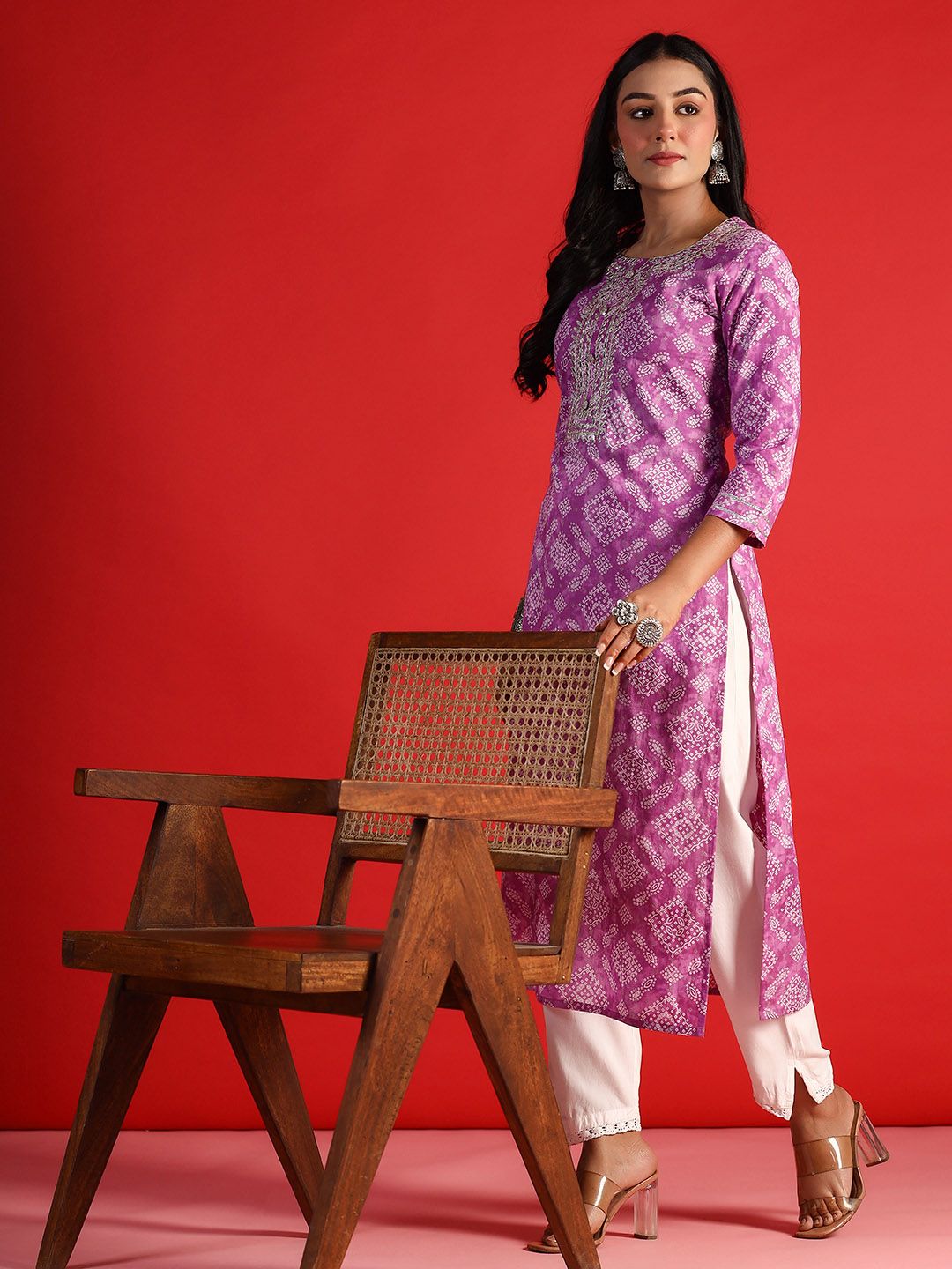 Dhiyona IE Women Ethnic Motifs Printed Cold-Shoulder Sleeves Mirror Work Kurta
