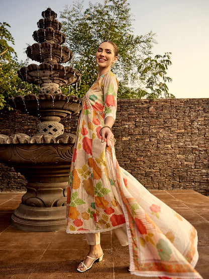 Dhiyona IS Women's Floral Printed Angrakha Beads and Stones Anarkali Kurta With Trouser & Dupatta