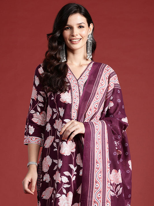 Floral Printed Pure Cotton Kurta With Trousers & Dupatta
