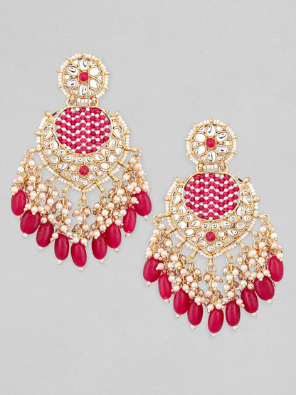 Dhiyona RJ Women's 18K Gold Plated Handcrafted Kundan & Beaded Chandelier with Red and Pearl Accents