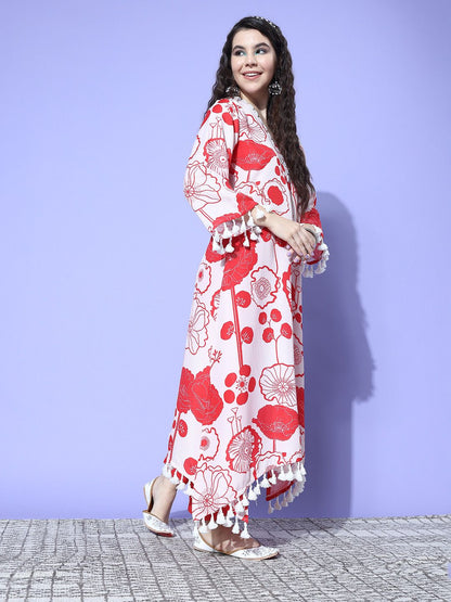 Dhiyona VA Women'sWinter Floral Printed V-Neck A-Line Woolen Kurta Set with Tesselled Hem