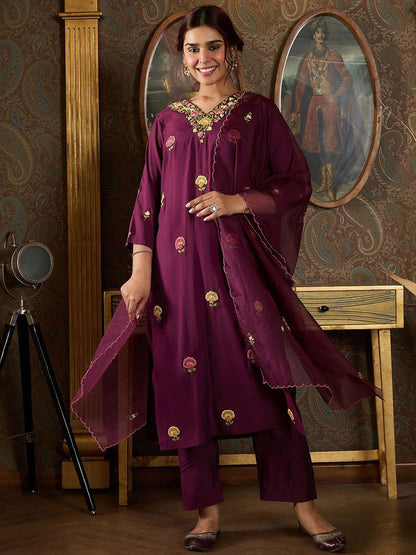 Floral Embroidered Thread Work Kurta With Trousers And Dupatta