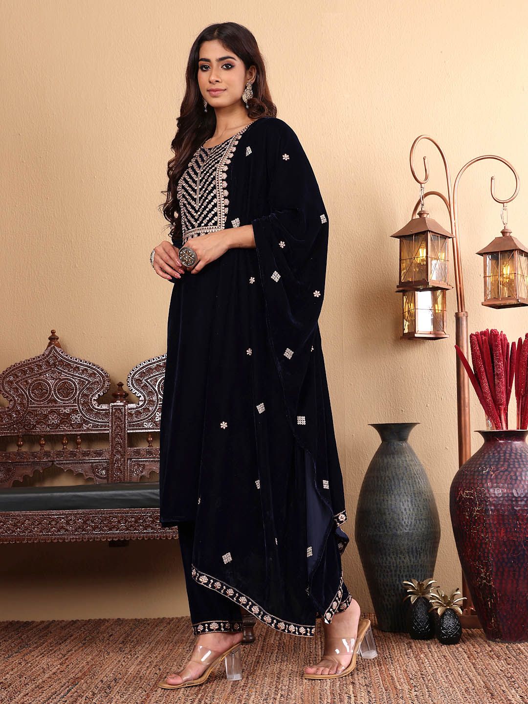 Dhiyona VA Women'sNavy Blue Floral Yoke Design Sequinned Velvet Kurta with Trousers & Dupatta