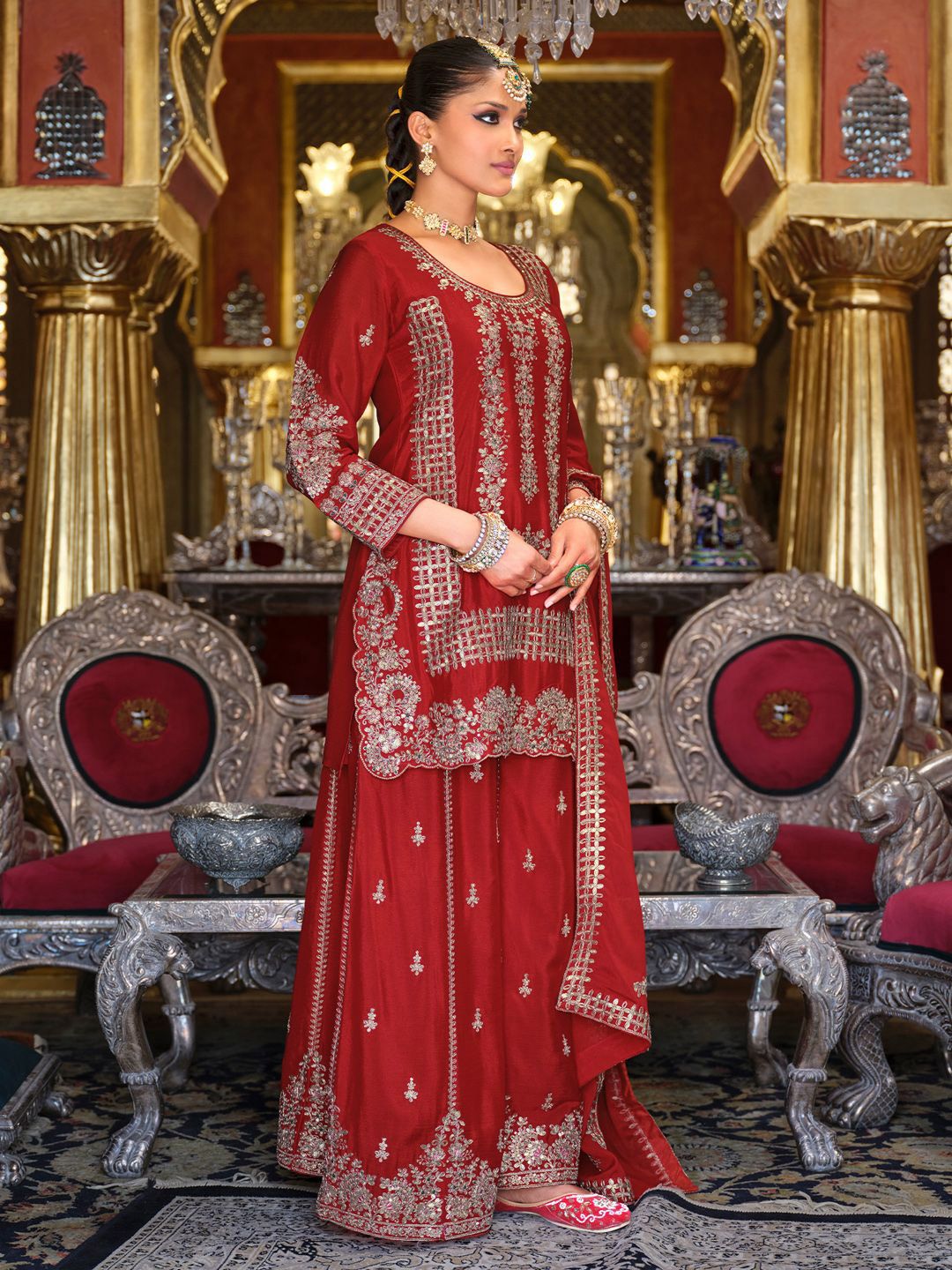 Ethnic Motifs Embroidered Kurta with Palazzos & Dupatta