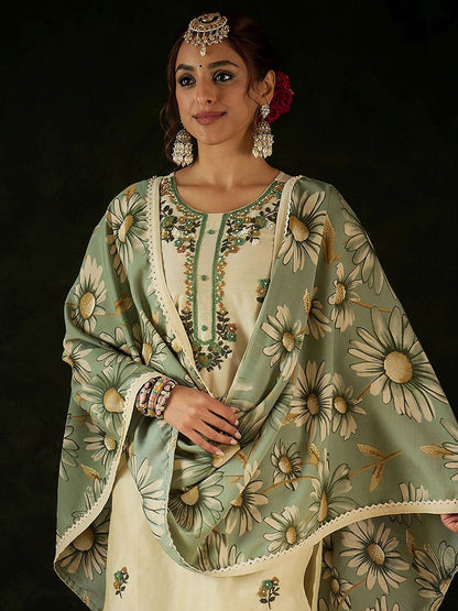 Women Floral Embroidered Regular Thread Work Kurta with Trousers & With Dupatta
