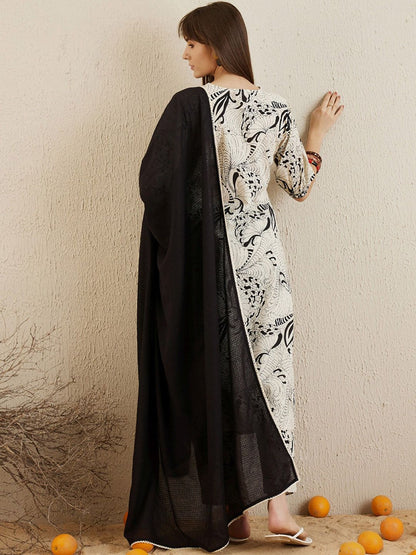 Dhiyona IE Printed Regular Mirror Work Pure Cotton Kurta with Trousers & Dupatta