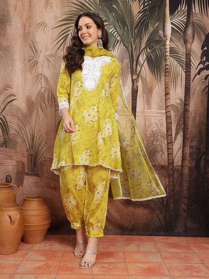 Dhiyona SN Women's Floral Print Thread Work Kurta with Salwar & Dupatta