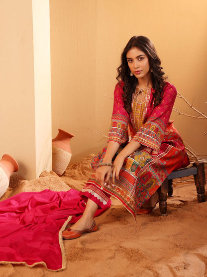 Dhiyona VA Women'sEthnic Motifs Printed Sequinned Chanderi Silk Kurta with Trousers And Dupatta