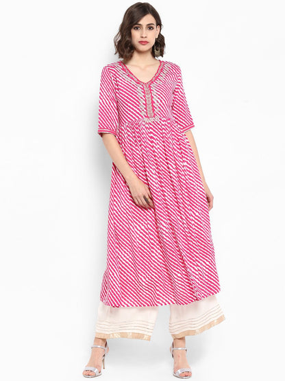 Dhiyona VA Women's Pink & White Embroidered Kurta with Palazzos