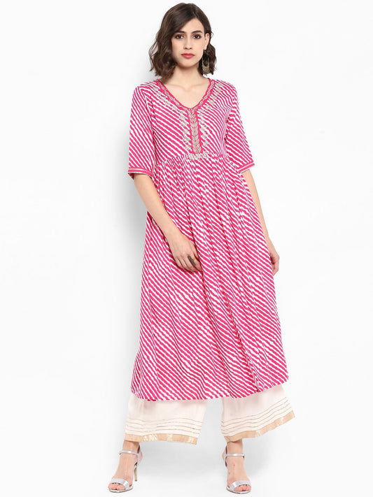 Dhiyona VA Women's Pink & White Embroidered Kurta with Palazzos