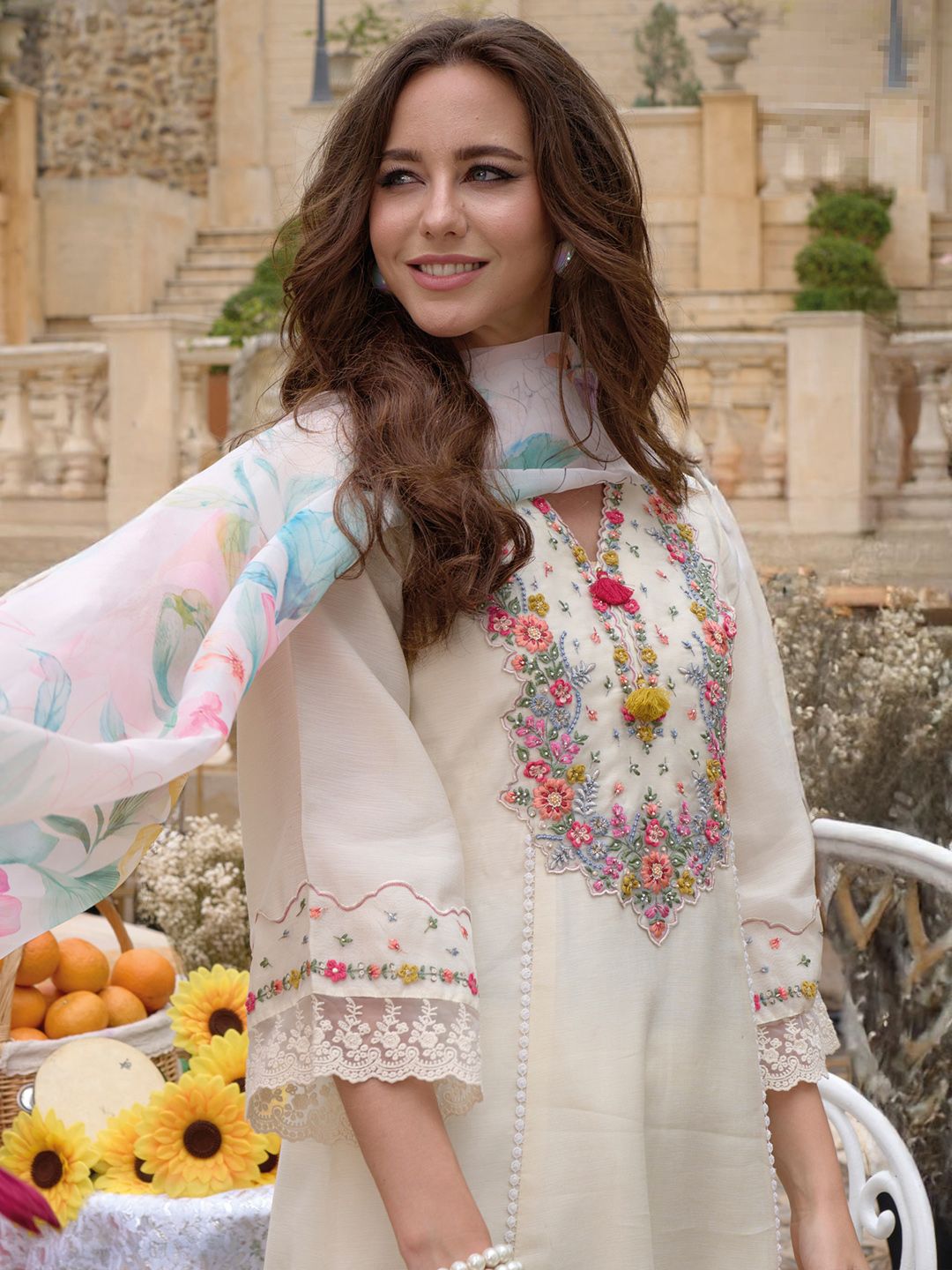 Floral Embroidered Kurta With Trousers & Dupatta