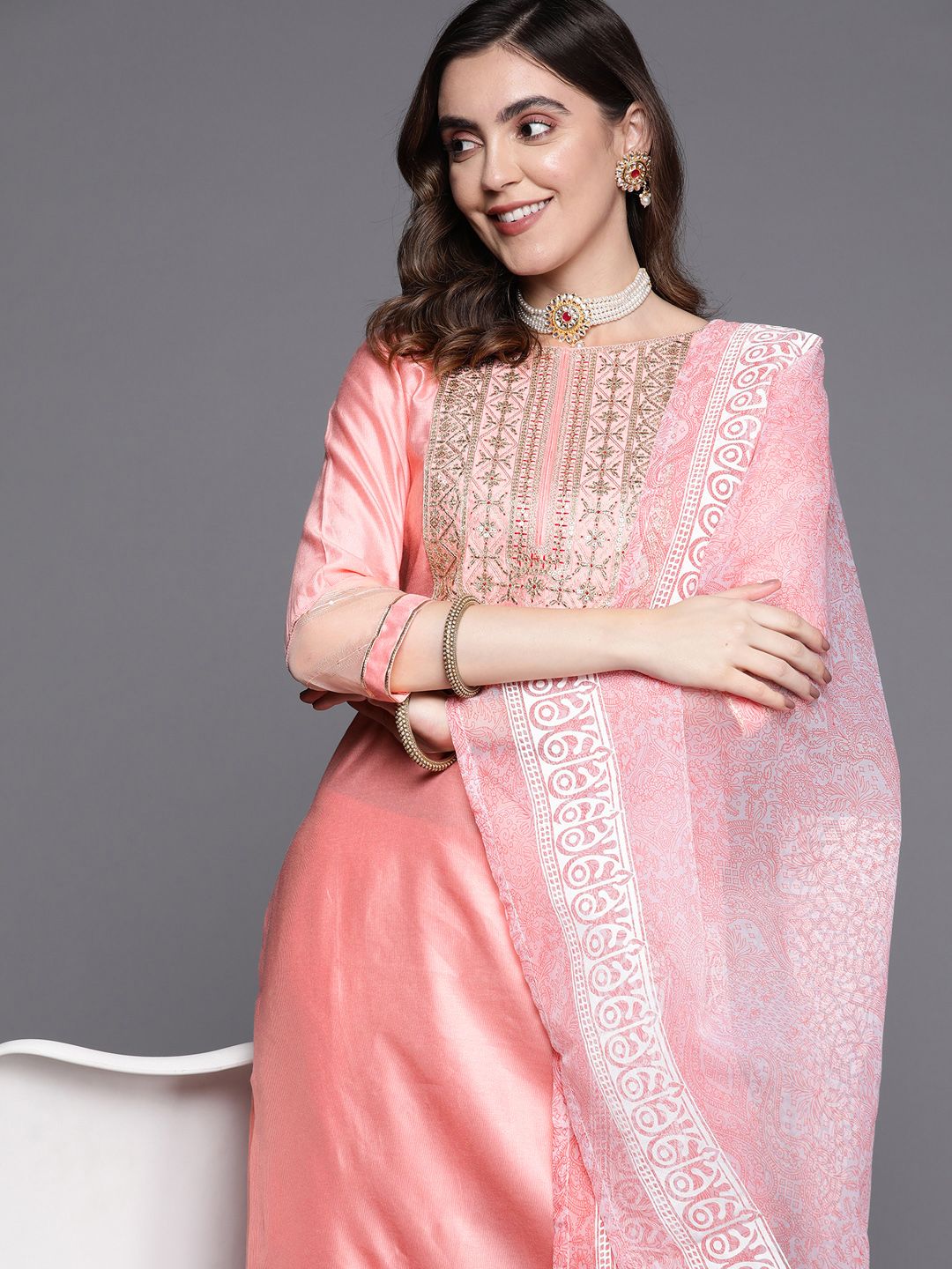 Dhiyona IE Women Ethnic Motifs Embroidered Sequinned Liva Kurta With Palazzos & With Dupatta