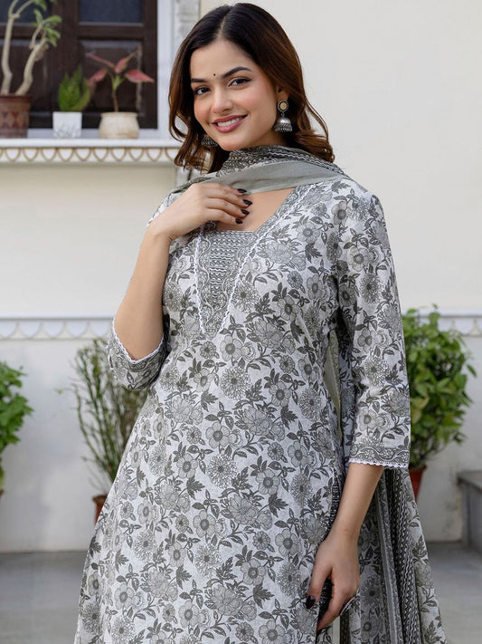 Dhiyona IE Floral Printed Square Neck Pure Cotton Straight Kurta With Trousers & Dupatta