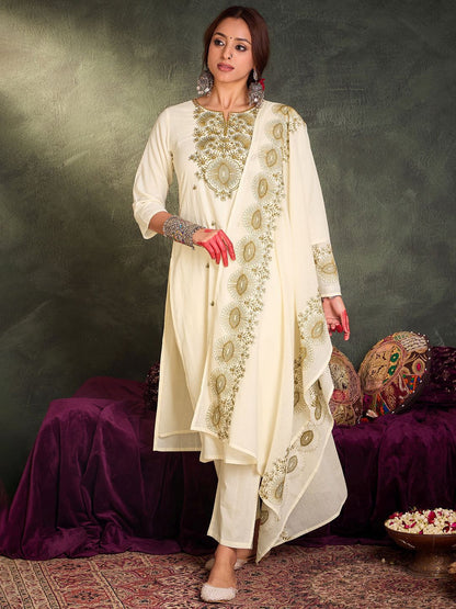 Floral Embroidered Thread Work Pure Cotton Kurta With Trousers & Dupatta