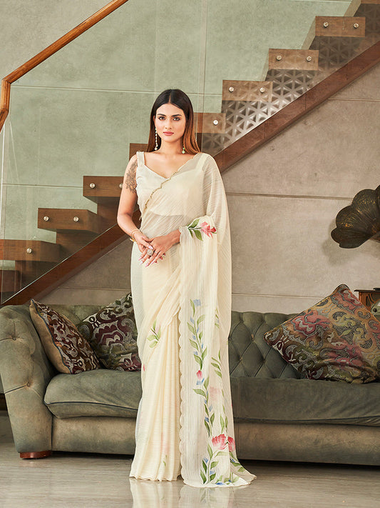 Dhiyona TI Women's Cream Colored Polyester Saree with Hand Print and Scalloped Border with Unstitched Blouse