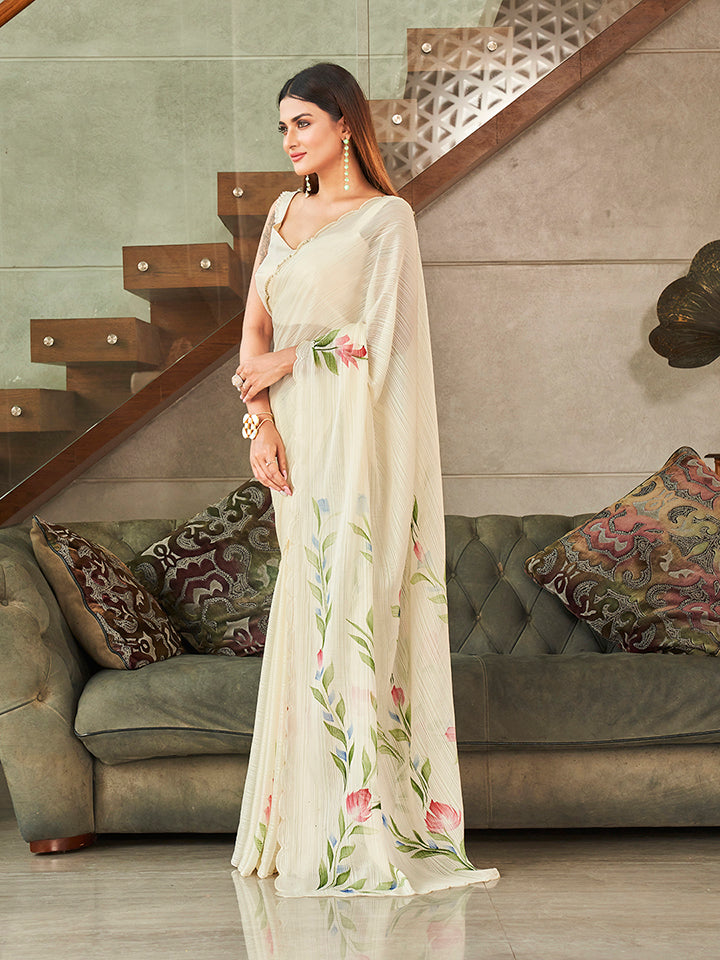 Dhiyona TI Women's Cream Colored Polyester Saree with Hand Print and Scalloped Border with Unstitched Blouse