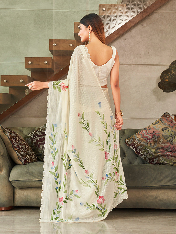 Dhiyona TI Women's Cream Colored Polyester Saree with Hand Print and Scalloped Border with Unstitched Blouse