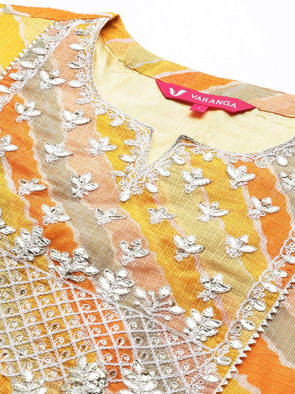 Dhiyona VA Women's Yellow Leheriya Printed Gotta Patti Chanderi Cotton Kurta with Sharara & With Dupatta