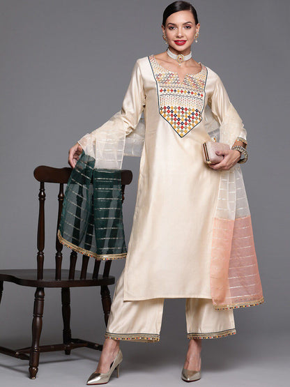 Women Embroidered Thread Work Cotton Kurta with Palazzos & Dupatta